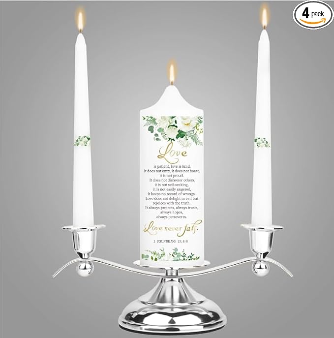 3 Unity Floral Candles for Wedding Ceremony Set with Silver Holder, Wedding Accessories for Reception