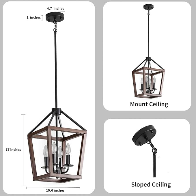Farmhouse orb Metal Chandelier，4-Light Vintage Handmade Rustic Wood Pendant Hanging Light Fixture for Kitchen Island Dining Room Living Room Bedroom Foyer Hallway