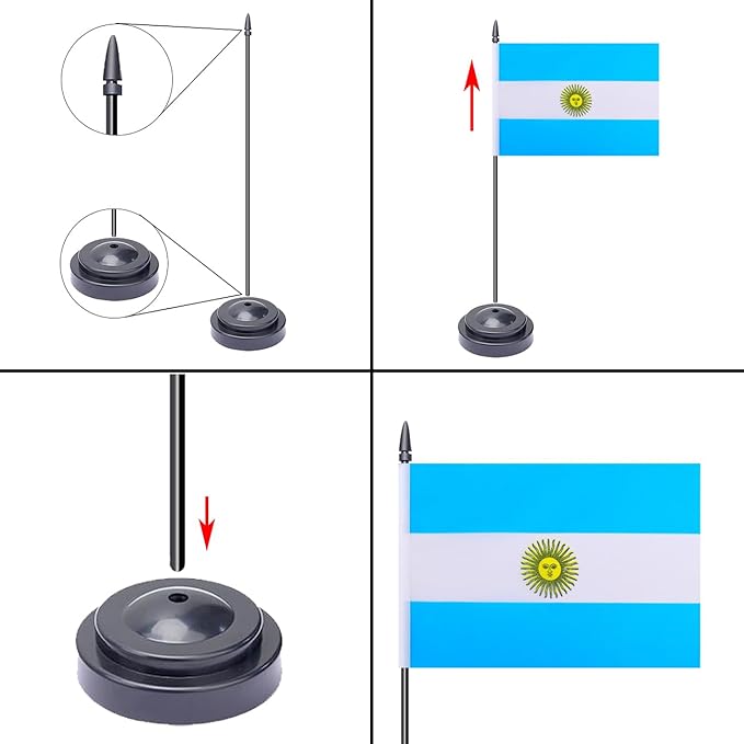 WXTWK 2 Pack Argentina Flag Argentina Deluxe Desk Flag Set - Mini Small Argentinian Table Office Flags with Black 12" Solid Pole Stand Base Classroom Meeting Desktop Decorations
