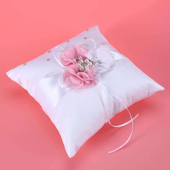 Wedding Ring Pillow Cushion with Pearl and Flower Decoration Elegant White Pink Ring Bearer Pillow for Wedding Ceremonies and Special Occasions