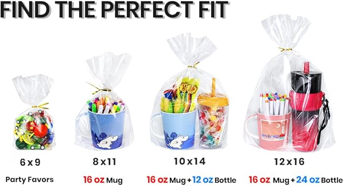 PigPotParty Cellophane Treat Bags 6"x9", 50 Pack Clear Goodie Bags, 2.4" Bottom Gusset for Stand-Up Display, Small Plastic Gift Wrap for Cookies, Candy, Party Favors, Popcorn, Includes 50 Gold Ties
