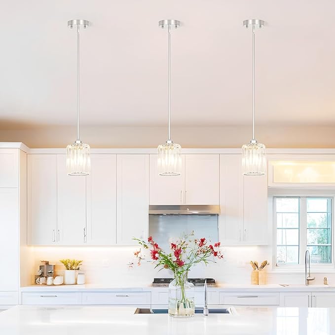 Chrome Kitchen Pendant Lights Over Island with Adjustable Rods - Crystal Pendant Lighting Fixtures for Sloped Ceiling, Ideal Over Dining Table or Bar, E26 Bulb Compatible, No Electrician Needed