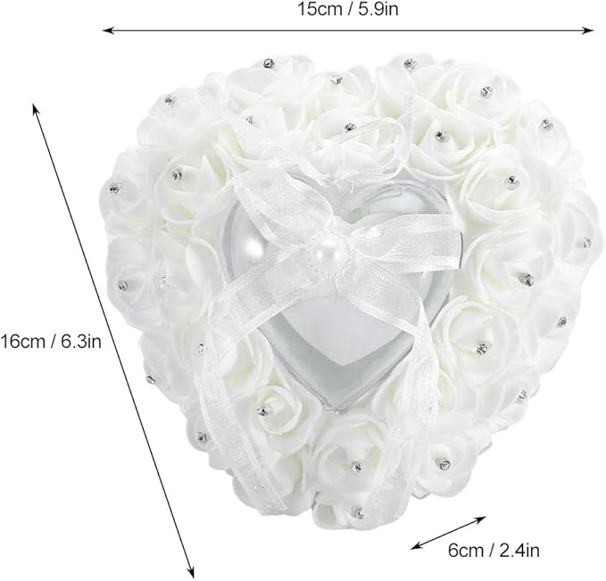 Hilitand Wedding Ring Cushion Pillow Romantic Heart Shaped Wedding Ring Box Rose Rhinestone Decorative Jewellery Boxes(White)