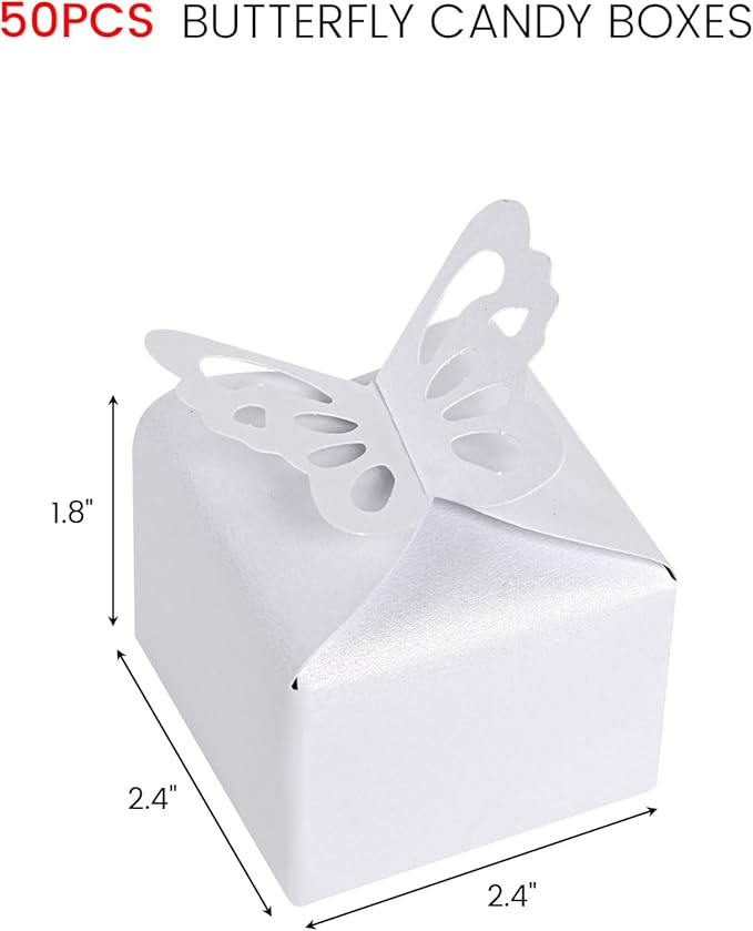 VGOODALL 50PCS Party Favor Boxes, 2.4" x 2.4" x 1.8" 3D Butterfly Candy Boxes White Baby Shower Favors for Wedding Birthday Party Gift