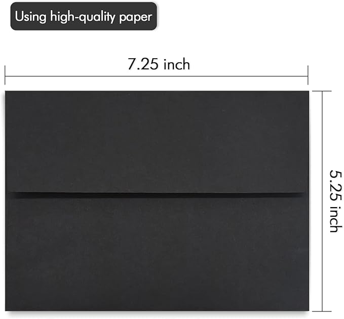 A7 Black Invitation 5x7 Envelopes - Self Seal, Square Flap,Perfect for 5x7 Cards, Weddings, Birthday, invitations, Graduation, Baby Shower, 5.25 x 7.25 Inches, 100 Pack, (Black)