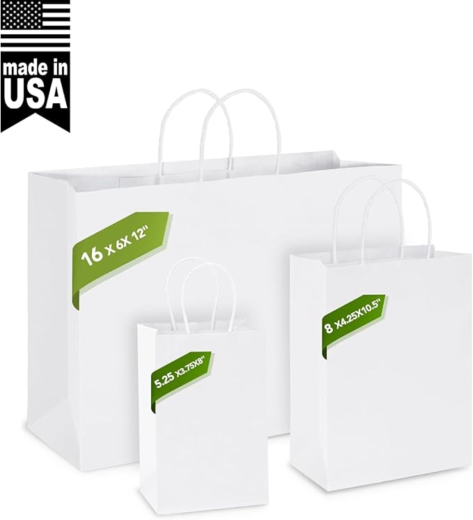 MESHA 16x6x12'' White Kraft Paper Bags With Handles,50 Pack Large Gift Bags Bulk Bulk Reusable for Business,Retail,Birthday,Wedding,Party,Favor,Merchandise,Grocery Shopping Bag