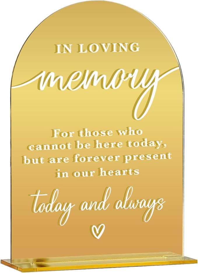 Acrylic Wedding Sign, Bridal Shower Decorations, In Loving Memory Sign for Ceremony, Modern Font Table Signs, Gold Mirror Arched Acrylic Tabletop Signs for Wedding Reception and Event Party