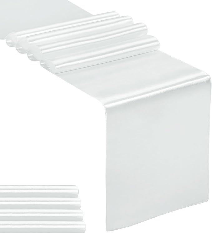 5-Pack Satin Table Runner Silver 12 x 108 inches Long, Table Runners for Wedding, Birthday Parties, Banquets Decorations（5 Pack, 12x108 Inch, Silver）