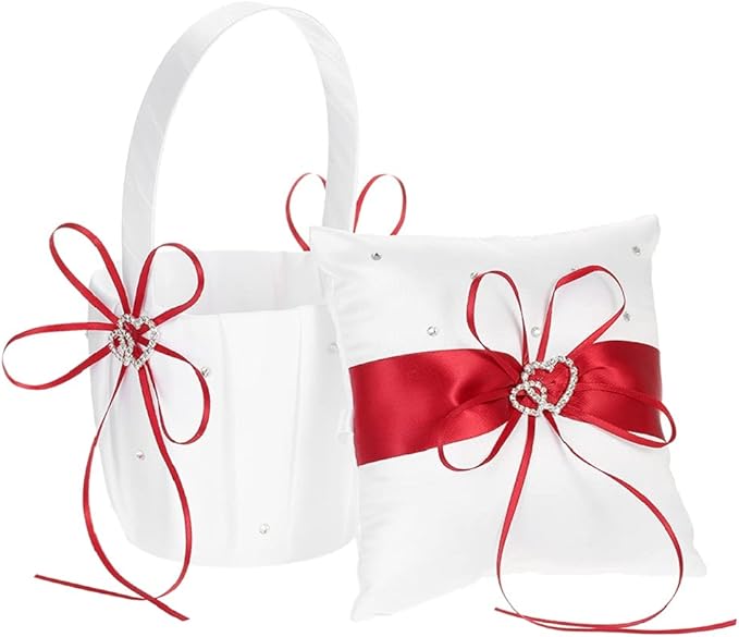 The Crafty Owl 2 Heart Rhinestones Ivory/White/Blue Trimming/Red Trimming Satin Large Wedding Ring Bearer Pillow and Basket Set (White with Red Trimming)