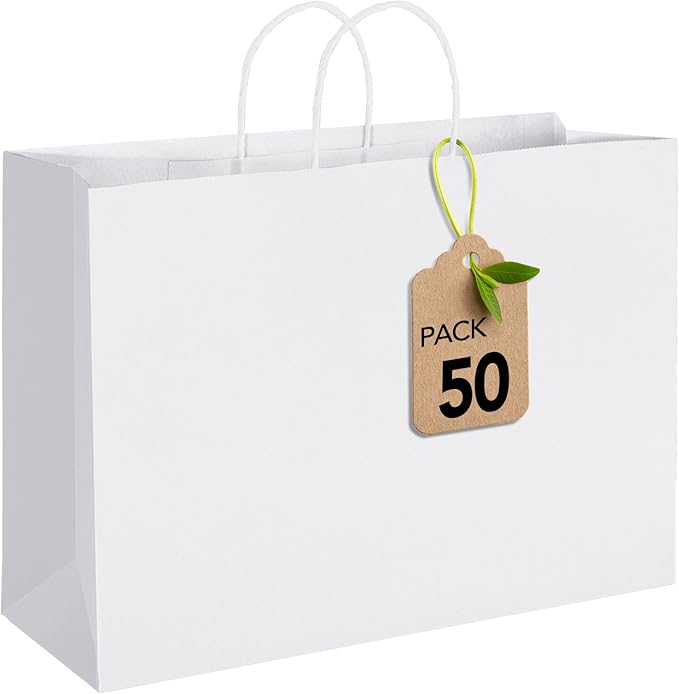 MESHA 16x6x12'' White Kraft Paper Bags With Handles,50 Pack Large Gift Bags Bulk Bulk Reusable for Business,Retail,Birthday,Wedding,Party,Favor,Merchandise,Grocery Shopping Bag