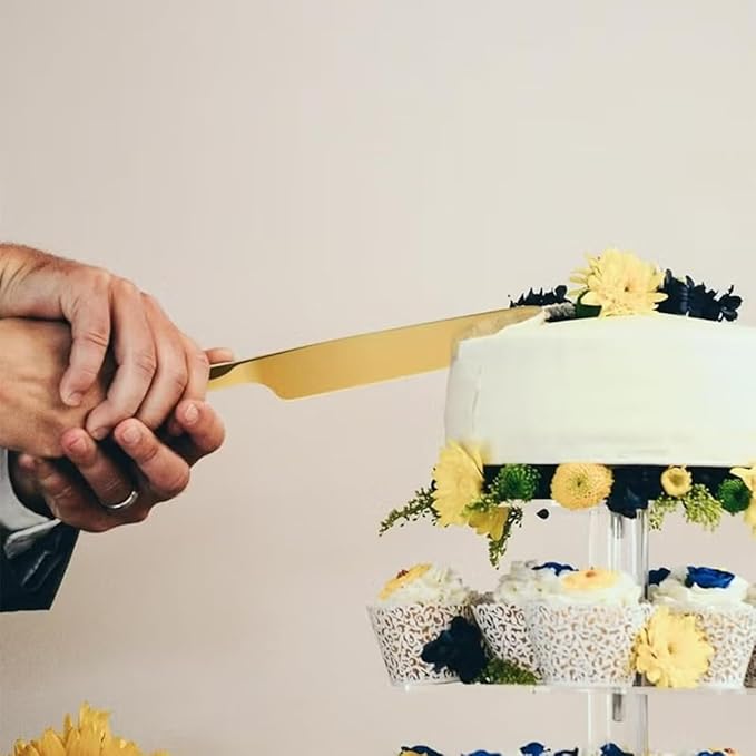 Elegant Gold Cake Cutting Set - 2 Piece Stainless Steel Knife and Server for Weddings, Birthdays, Anniversaries, and Celebrations - Gift for Bridal Showers and Cake Table Decorations