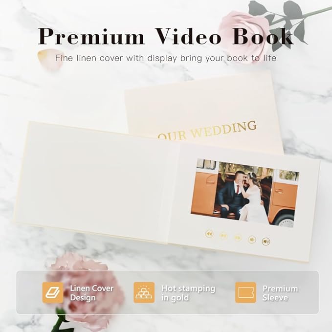 OUR WEDDING - GOLD FOIL Luxury Linen Bound Video Book Video Album Up to 2.5 hours of video, 7” IPS Display, 4GB of memory & Rechargeable Battery (OUR WEDING), White