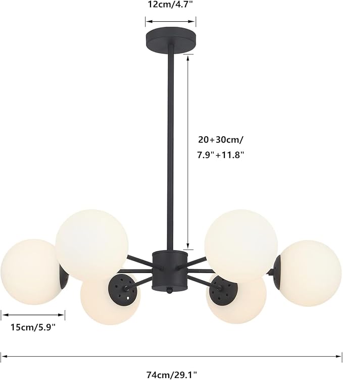 KCO Lighting Matte Black Sputnik Chandelier Light Fixture Mid Century 6-Light Milk Glass Ball Chandelier Modern Globe Flush Mount Ceiling Light Kitchen Island Dining Lighting Fixture (Black+White)