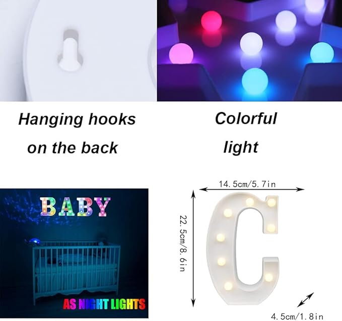 Light Up Colorful LED Marquee Letter lights, 18 Colors Changing Alphabet Letters Sign with Remote Timer for Night Light Girls Bedroom Wedding Birthday Party Lamp Christmas Home Bar Decor- Colorful C