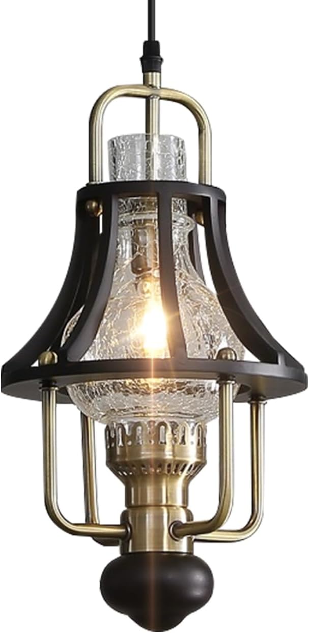 Farmhouse Chandelier Modern Hanging Light, Vintage Rustic Pendant Lights Fixture, Crackle Glass Shade, Wood & Metal Cage Base for Living Room Dining Room Foyer Kitchen Island Bedroom