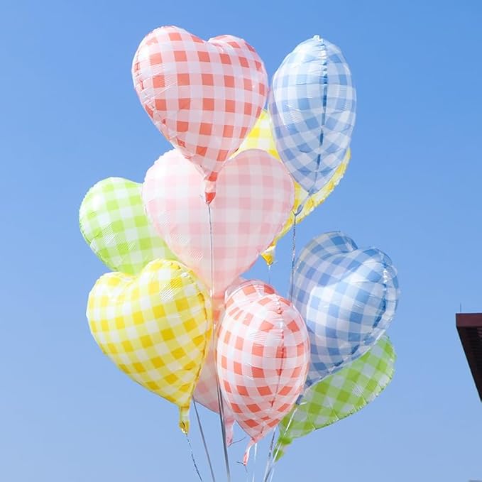 Colorful Checkered Heart Balloons,12Pcs 18Inch Rainbow Grid Heart Shaped Foil Helium Polyester Film Balloons for One Silly Goose Birthday Baby Shower Party Decorations