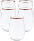 48 Pack 10 oz Small Plastic Stemless Wine Glasses with Rose Gold Rim – Disposable, Shatterproof, Crystal Clear Cups for Weddings, Parties, Events, and Toasts – Elegant & Reusable Drinkware
