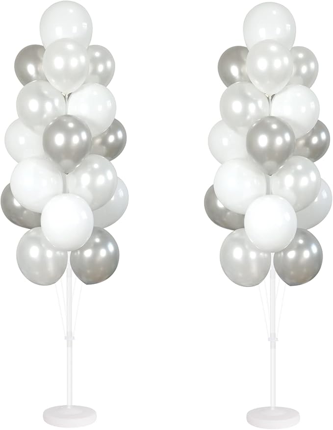 Balloon Column Kit Set of 2 With Balloons Included - with Base, and Pole,Balloon Tower Backdrop Decoration for Wedding, Baby Shower, Birthday Party, or Bachelorette Parties (Silver White)