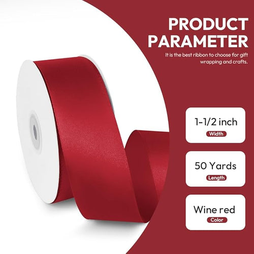 1-1/2" x 50 Yards Satin Ribbon - Burgundy Silk Ribbon with Spool - Ideal for Gift Wrapping, Floral Bouquets, Crafts, Wedding Party Decorations, Christmas and Sewing Projects