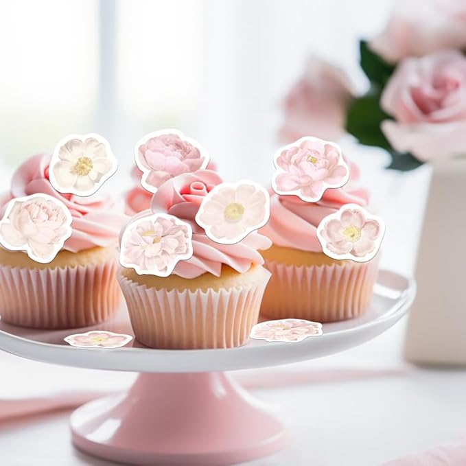 48PCS Edible Rose Flowers Cupcake Toppers Edible Pink Rose Flowers Cupcake Decor Wafer Paper Wedding Flowers Cupcake Picks for Flowers Theme Engagement Birthday Party Decor Supplies