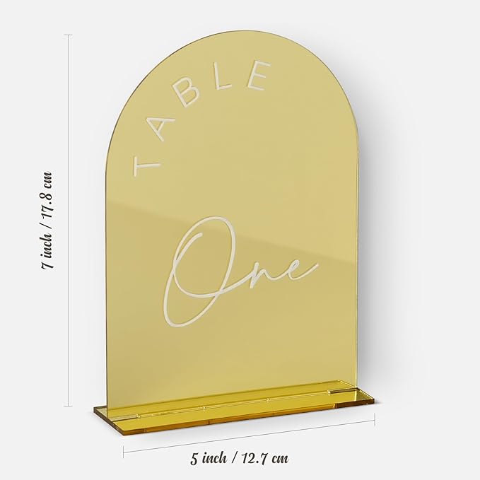 Gold Mirror Arched Wedding Table Numbers with Stands 1-10, 5x7 Inch Acrylic Arch Sign with Holder, Table Number 1-10, 5"x7")