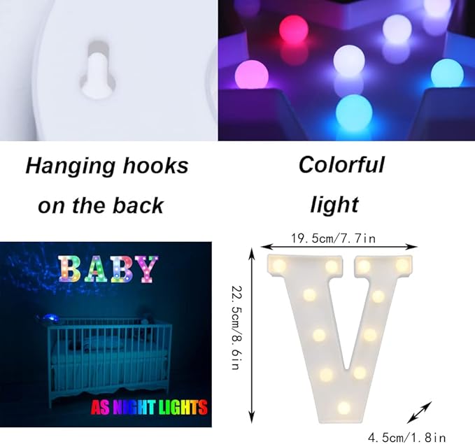 Light Up Colorful LED Marquee Letter lights, 18 Colors Changing Alphabet Letters Sign with Remote Timer for Night Light Girls Bedroom Wedding Birthday Party Lamp Christmas Home Bar Decor- Colorful V