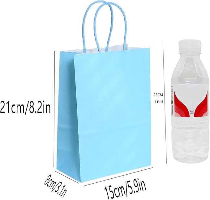 piqiya Small Plain Natural Paper Kraft Gift Bags with Handles Light Blue Paper Bags for Eid Birthday Party Grocery Retail Business Goody Craft Bag (Blue，24pcs)