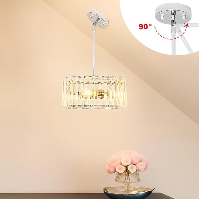 Modern Crystal Chandelier for Dining Room, Chrome Semi Flush Mount Ceiling Light Fixtures, Round Kitchen Hanging Drum Pendant Lights Ceiling, 12” Crystal Pendant Lighting for Foyer Bedroom Living Room