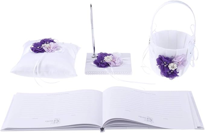 Toyvian 4pcs /Set Ring Bearer Pillow with Pearl Bowknot Flower Girl Basket Wedding Guest Book Table Pen with Pen Holder for Wedding Party Decoration Supplies (Purple Flower)