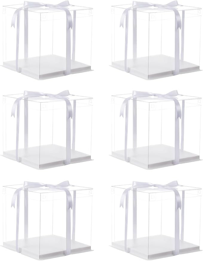 XININSUN 6Pcs clear cake boxes with Ribbon, 6inch cake boxes for Christmas Bakery Treat,Holiday Pastries,Gift Giving-White