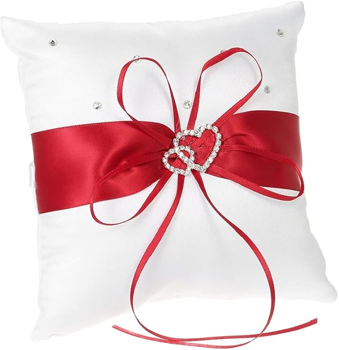 The Crafty Owl 2 Heart Rhinestones Ivory/White/Blue Trimming/Red Trimming Satin Large Wedding Ring Bearer Pillow and Basket Set (White with Red Trimming)