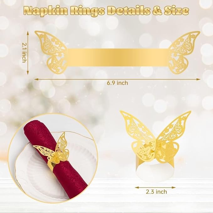 100 Pcs Napkin Rings Laser Cut Butterfly Shape Foil Paper Napkin Holder for Weddings Party Serviette Table Decoration Restaurant (Gold)