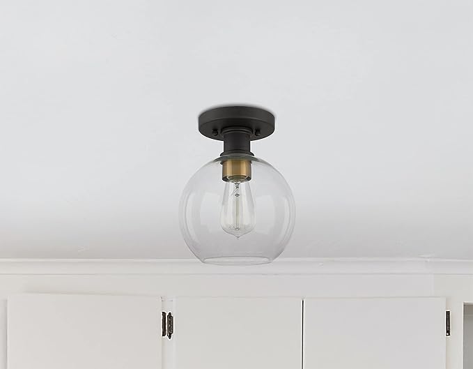 Dan Modern Farmhouse 1-Light Flush Mount Ceiling Light Clear Glass Globe Black Gold Finish for Hallway, Entryway, Passway, Bedroom, Garage, Kitchen, Balcony