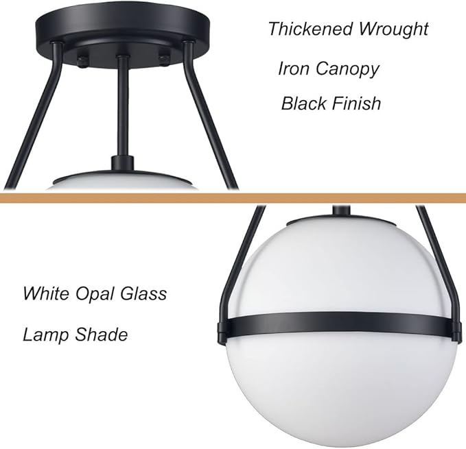 HOLKIRT Mid Century Semi Flush Mount Ceiling Light Black Globe Ceiling Light Modern Light Fixture with White Opal Glass Shade for Living Room Bedroom Hallway