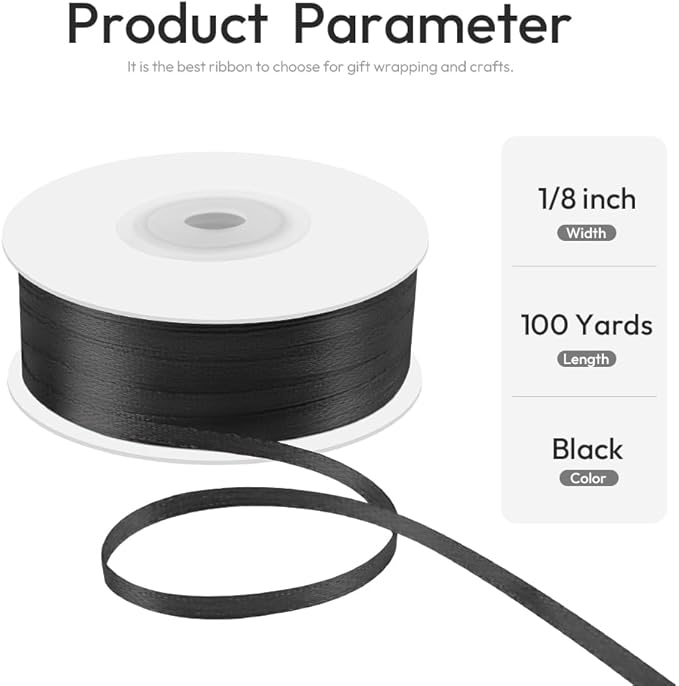 1/8" x 100 Yards Double Faced Satin Ribbon - Thin Silk Black Ribbon with Spool - Ideal for Gift Wrapping, Floral Bouquets, Crafts, Wedding Party Decorations, Christmas and Sewing Projects