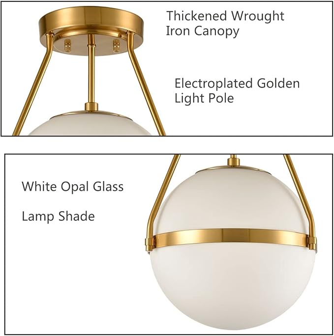 HOLKIRT Mid Century Modern Globe Semi Flush Mount Ceiling Light Fixture,White Opal with Brass Finish,Living/Dinning Room