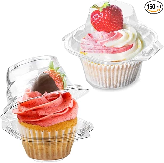 150 Pcs Cupcake Boxes Plastic Individual Cupcake Containers Single Cupcake Carrier with Connected Airtight Dome Lid for Party