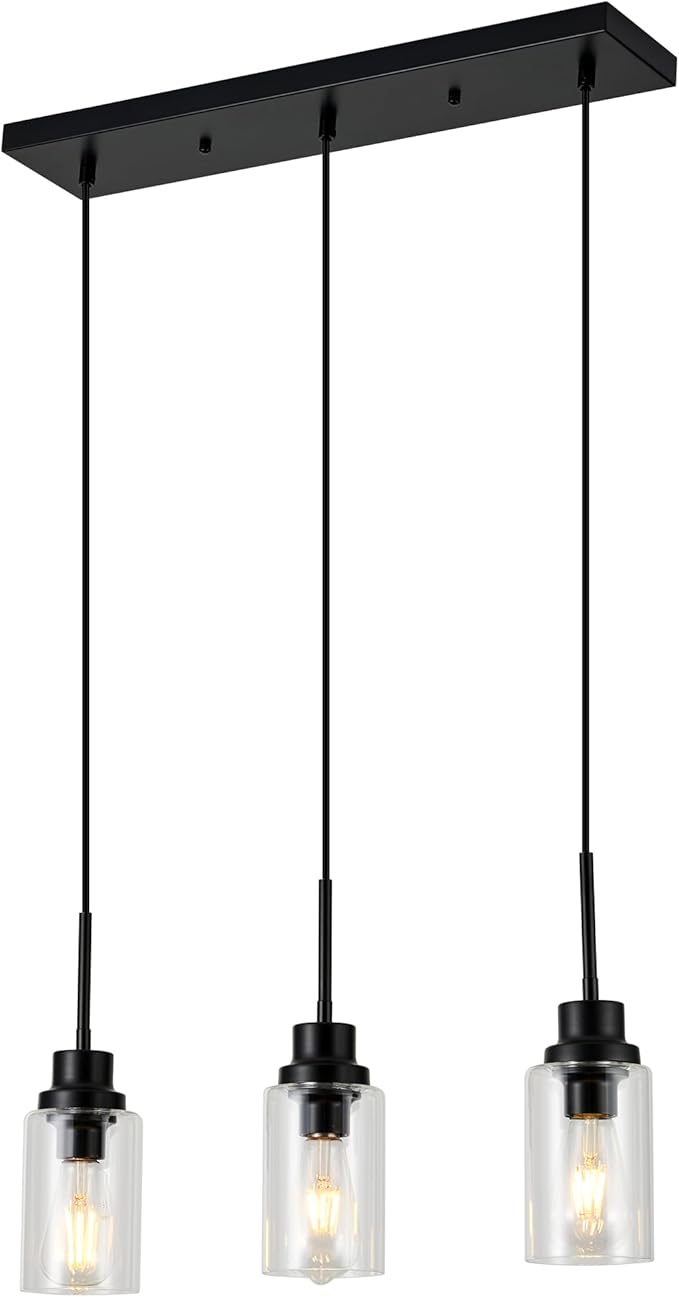 3-Lights Pendant Light Fixtures, Modern Black Kitchen Island Lighting with Clear Glass Shade, Adjustable Hanging Ceiling Lamp