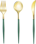 Lullaby 90PCS Gold Plastic Silverware - Utensils Plastic Disposable with Green Handles, Gold Plastic Cutlery with 30 Knives, 30 Forks, 30 Spoons, Ideal for Wedding, Party, Gathering, Daily Use