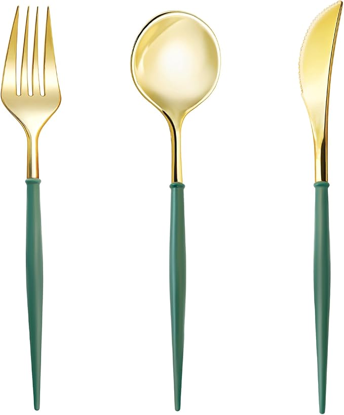 Lullaby 150PCS Gold Plastic Silverware - Disposable Flatware with Green Handles, Includes 50 Knives, 50 Forks, 50 Spoons, Perfect for Birthdays, Weddings, Picnics
