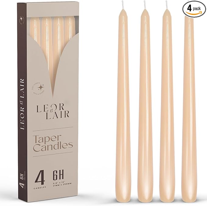Leor & Lair Beige Taper Candles - 4 Pack 10" Beige Candlesticks - Unscented Long Burning Tapered Candles for Minimalist Decoration, Modern Weddings, Everyday Dining & Events