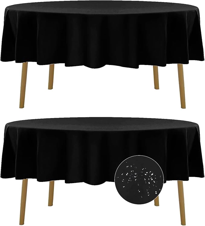 Fokitut 2 Pack Waterproof Round Tablecloth, 70 Inch, Stain Resistant and Wrinkle Polyester Table Cloth, Fabric Table Cover for Kitchen Dining, Wedding, Party, Holiday Dinner-Black