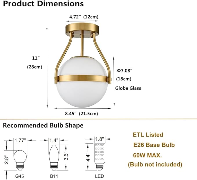 HOLKIRT Modern Semi Flush Mount Light, Mid Century Style 7Inch/18CM Brass Globe Ceiling Light with Opal Glass for Kitchen, Hallway, Bedroom