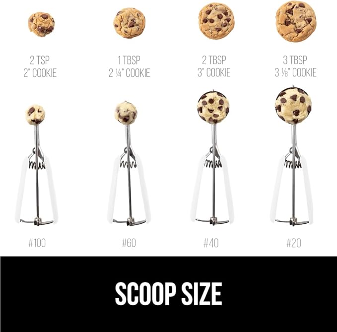 GORILLA GRIP Stainless Steel Multipurpose BPA-Free Spring Scoop, 1 TBSP, Melon Ballers, Cookie Dough Scoops, Perfect Portion Sizes, Easy Squeeze and Clean Release, Scooper Size 60, White