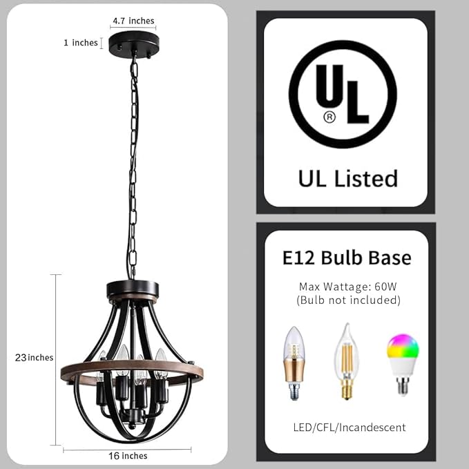 Farmhouse Modern Chandelier,16inch Rustic Vintage Ceiling Hanging Light Fixture, 5-Light Chandeliers for Living Room Entry Dining Room Hallway Foyer Entryway Kitchen Island Bedroom