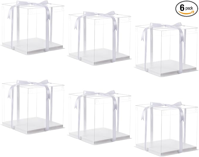XININSUN 10 inch Clear cake Box, Large Transparent cake Box,tall cake boxes with Ribbon,10x10x9inch - Suitable for packing 8" or 10" cakes,Clear Gift Display Box for Carry Tall Layer Gift-6Pcs-White