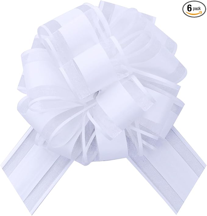 6 PCS 6 Inch Organza White Pull Bows - Perfect for Gift Wrapping, Wedding Decor, Car Bows, Birthday Parties, Christmas, and Valentine's Day