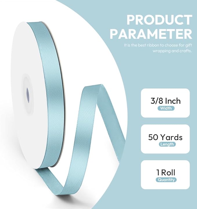 3/8" x 50 Yards Satin Ribbon - Light Blue Silk Ribbon with Spool - Ideal for Gift Wrapping, Floral Bouquets, Crafts, Wedding Party Decorations, Christmas and Sewing Projects