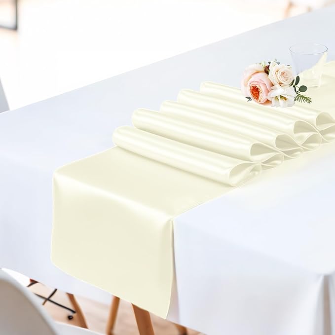 SHEJIZE 20 Pack White Satin Table Runner 12x108 Inches Long, Bright Silky Smooth Satin Table Runner Table Decor for Wedding Banquet Christmas Prom Event Birthday Party