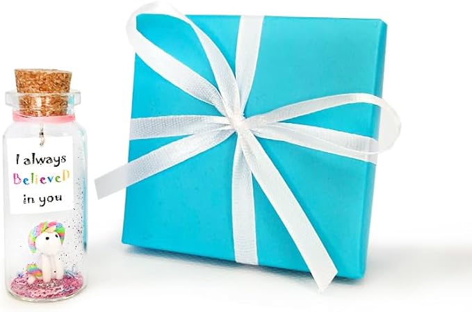 Kseniya Revta Inspirational Message in a Bottle Gift Idea - Classy Gifts for Friends and Family - Unique Boyfriend Girlfriend Presents (White Unicorn - I Always Believed in You, in Teal Gift Box)